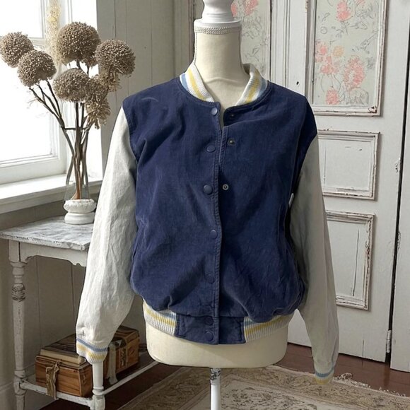 Aerie Preppy Blue Corduroy Snap Front Academia Varsity  Jacket ‎ Size Small - Picture 1 of 10